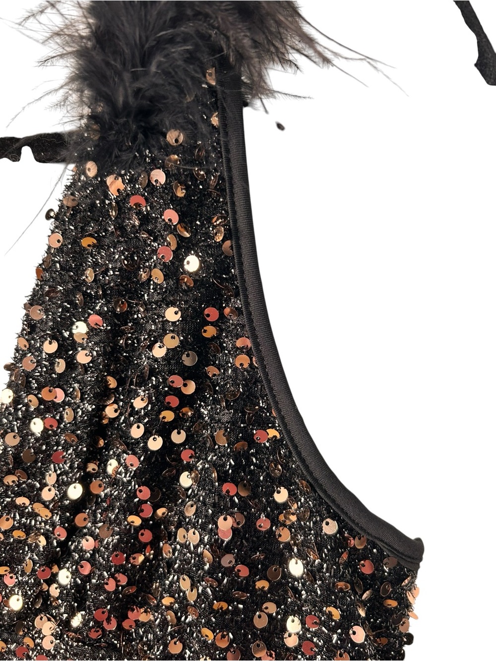 Sequin Feather-Trim Black V-Neck Cocktail Dress, XL Bodycon, Formal Event - Picture 7 of 9